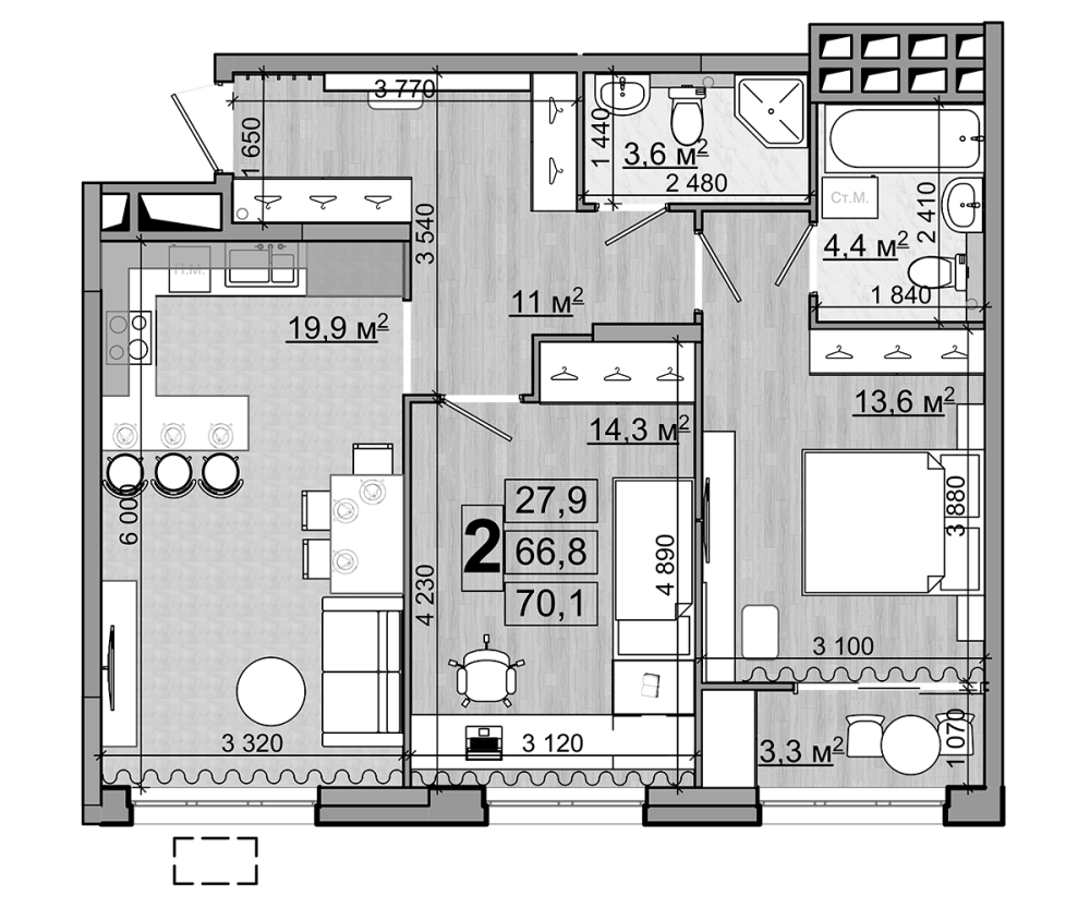 Планировка евротрёшка (3Е) 70.1 м² в ЖК «Гранд Комфорт», корпус 1