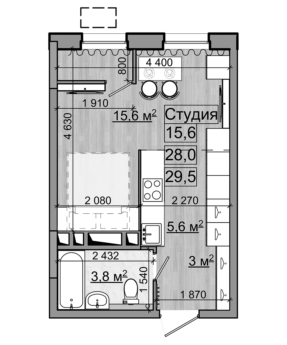Планировка Студии 29.5 м² в ЖК «Гранд Комфорт», корпус 1