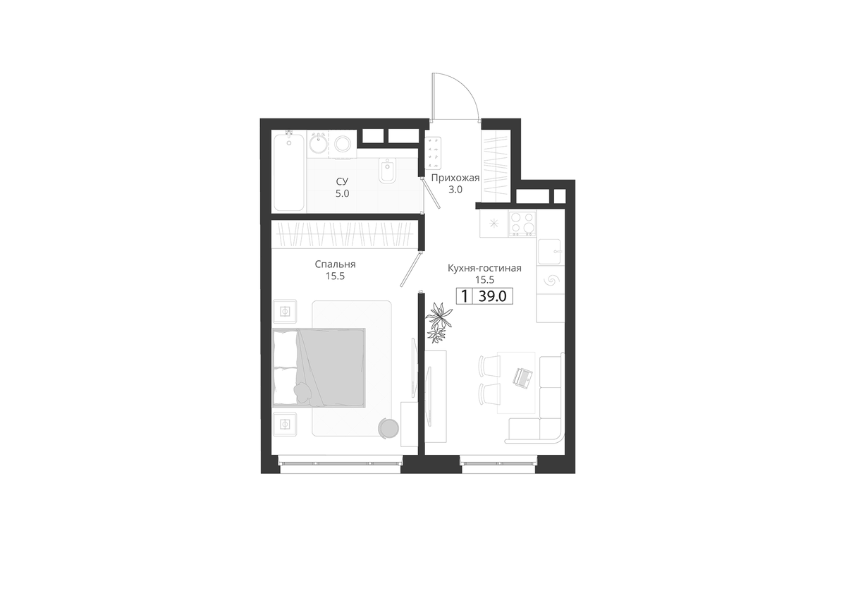 Планировка евродвушка (2Е) 39 м² в ЖК «ГРЭЙ», корпус 2