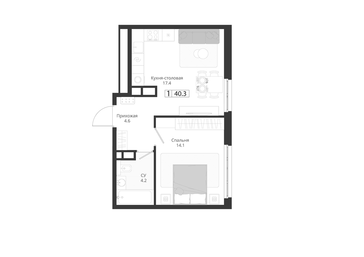 Планировка евродвушка (2Е) 40.3 м² в ЖК «ГРЭЙ», корпус 2