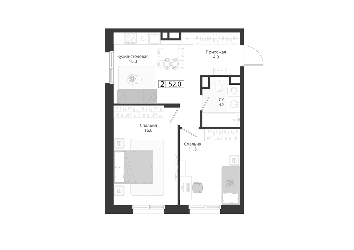 Планировка евротрёшка (3Е) 52 м² в ЖК «ГРЭЙ», корпус 2