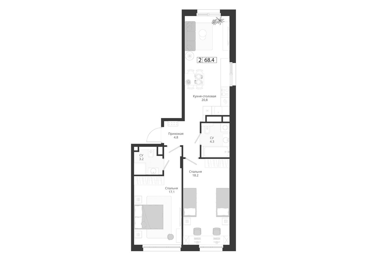 Планировка евротрёшка (3Е) 68.4 м² в ЖК «ГРЭЙ», корпус 2