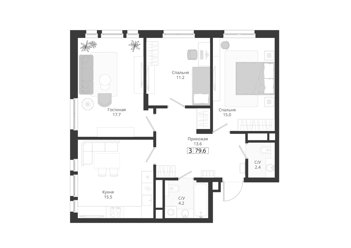 Планировка трёхкомнатная 79.6 м² в ЖК «ГРЭЙ», корпус 2
