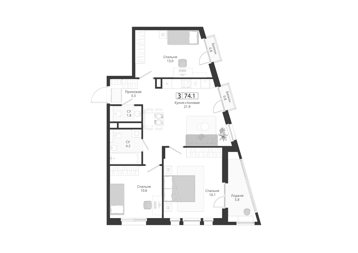Планировка евро-4 (4Е) 74.13 м² в ЖК «ГРЭЙ», корпус 2