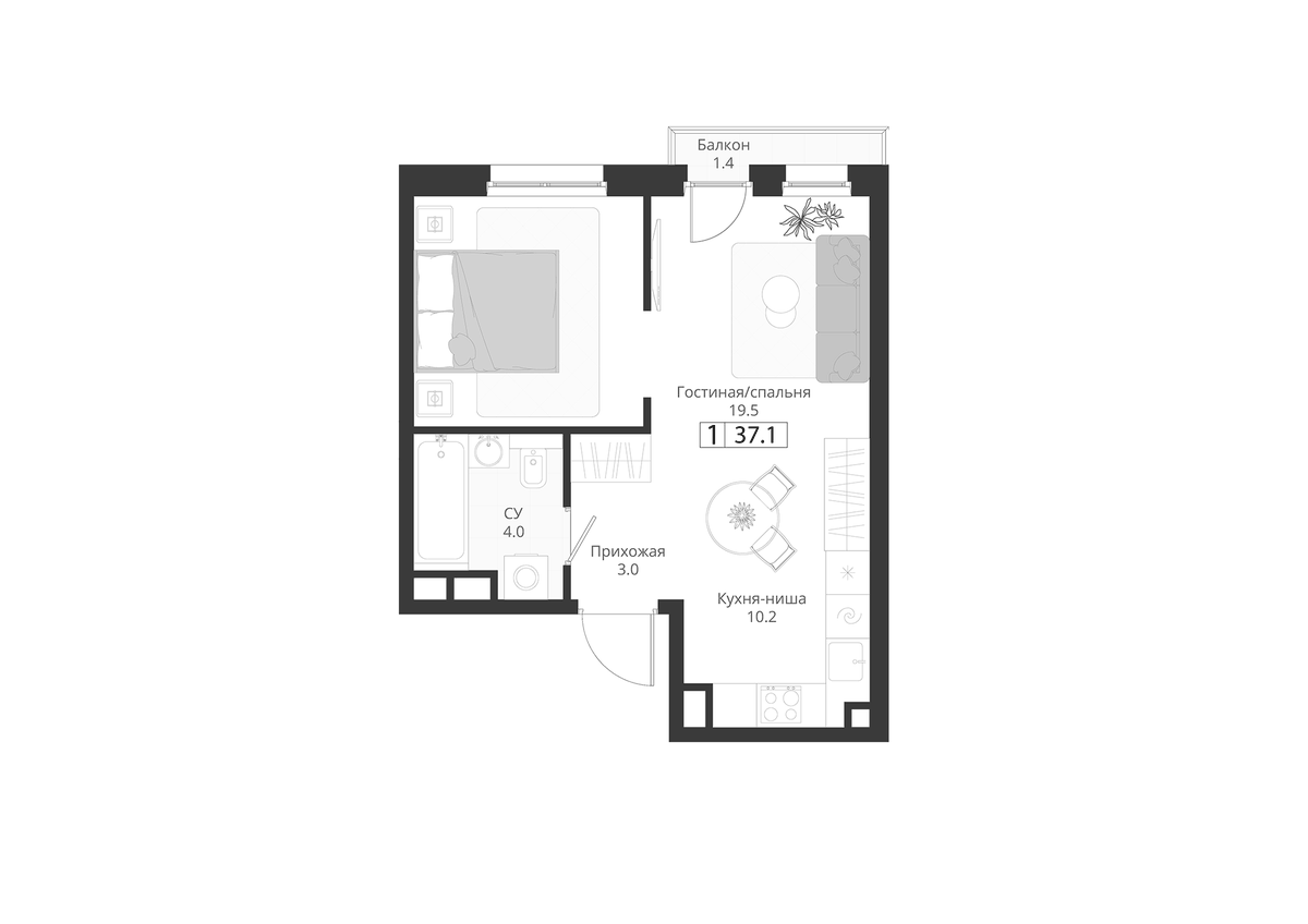 Планировка Студии 37.12 м² в ЖК «ГРЭЙ», корпус 2