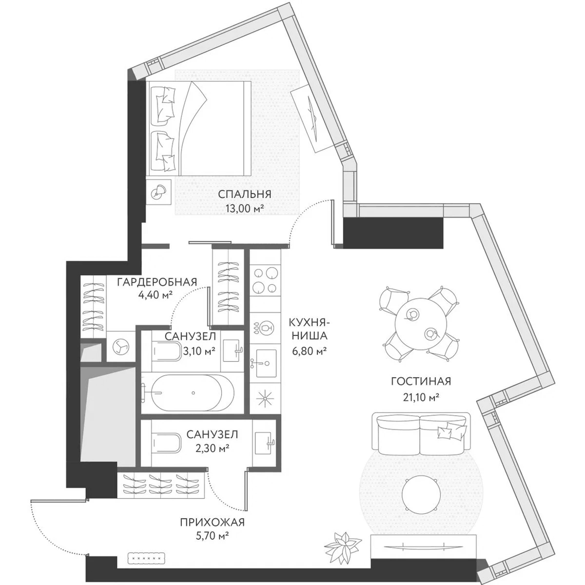 Планировка евродвушка (2Е) 57.8 м² в ЖК «ХАЙДАУТ», корпус 1
