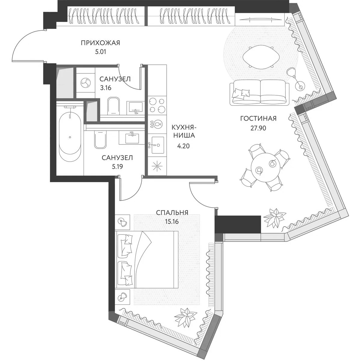 Планировка евродвушка (2Е) 60.7 м² в ЖК «ХАЙДАУТ», корпус 1