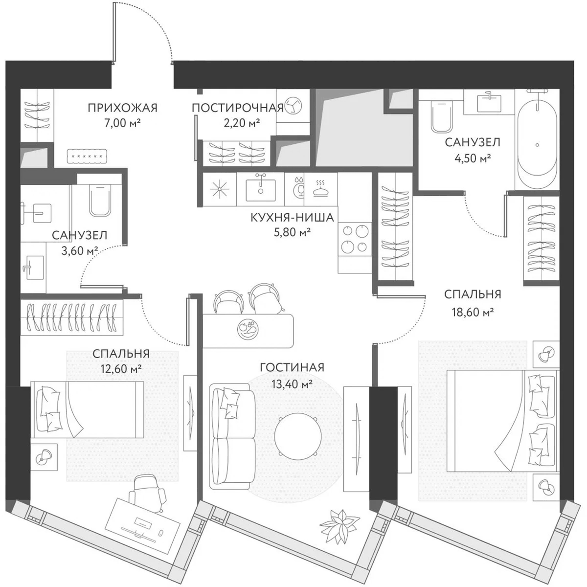 Планировка евротрёшка (3Е) 69.4 м² в ЖК «ХАЙДАУТ», корпус 1