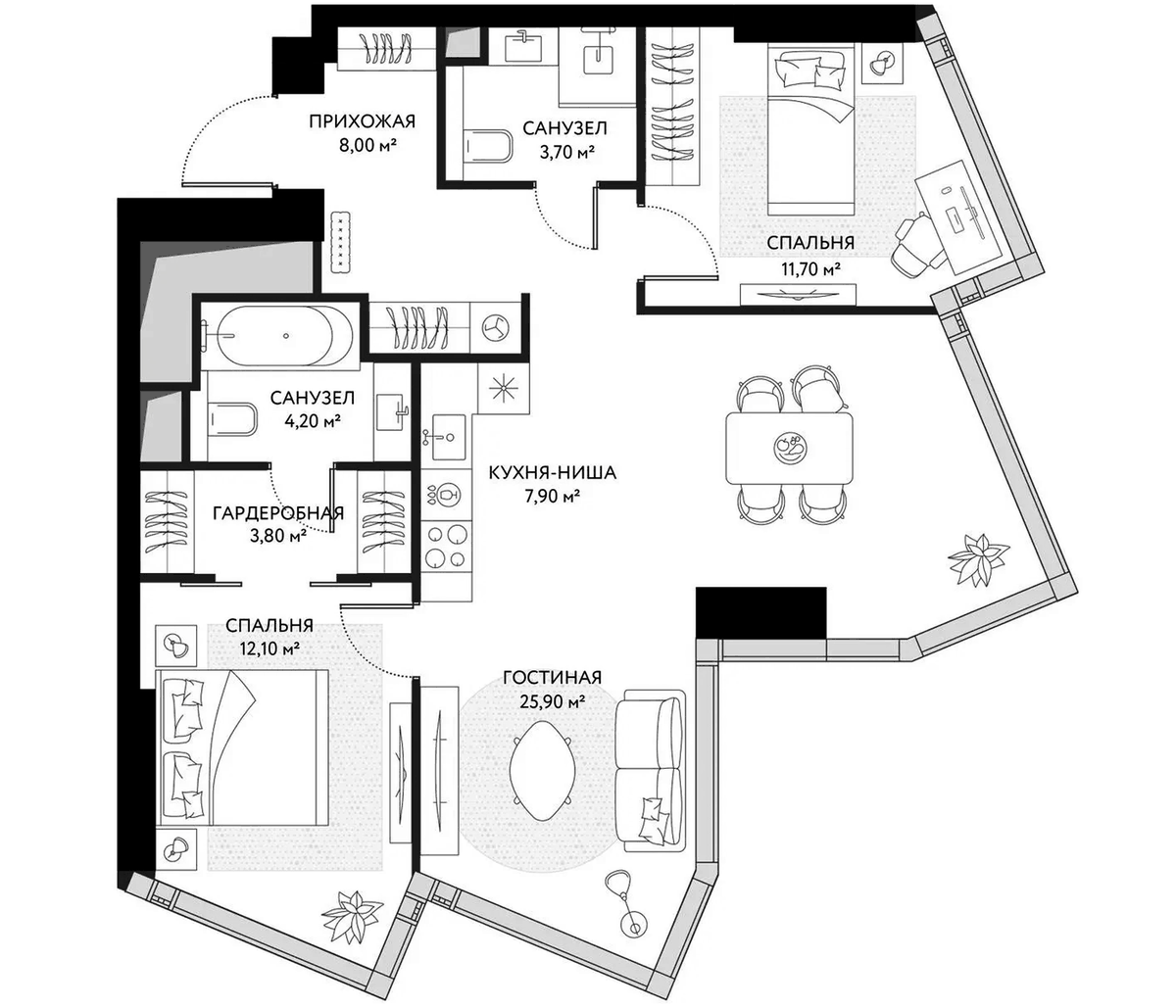 Планировка евротрёшка (3Е) 78.7 м² в ЖК «ХАЙДАУТ», корпус 1