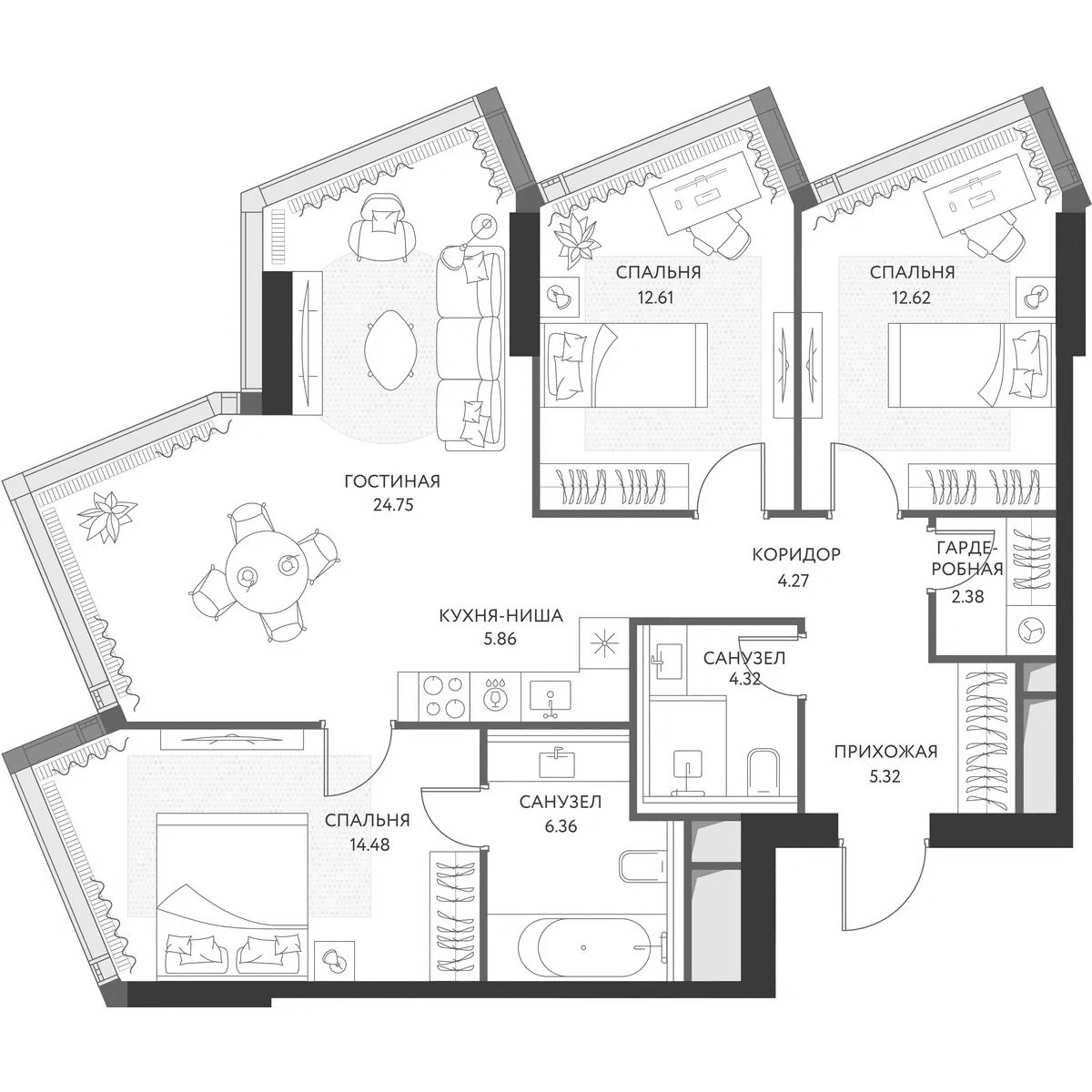 Планировка евро-4 (4Е) 93 м² в ЖК «ХАЙДАУТ», корпус 1