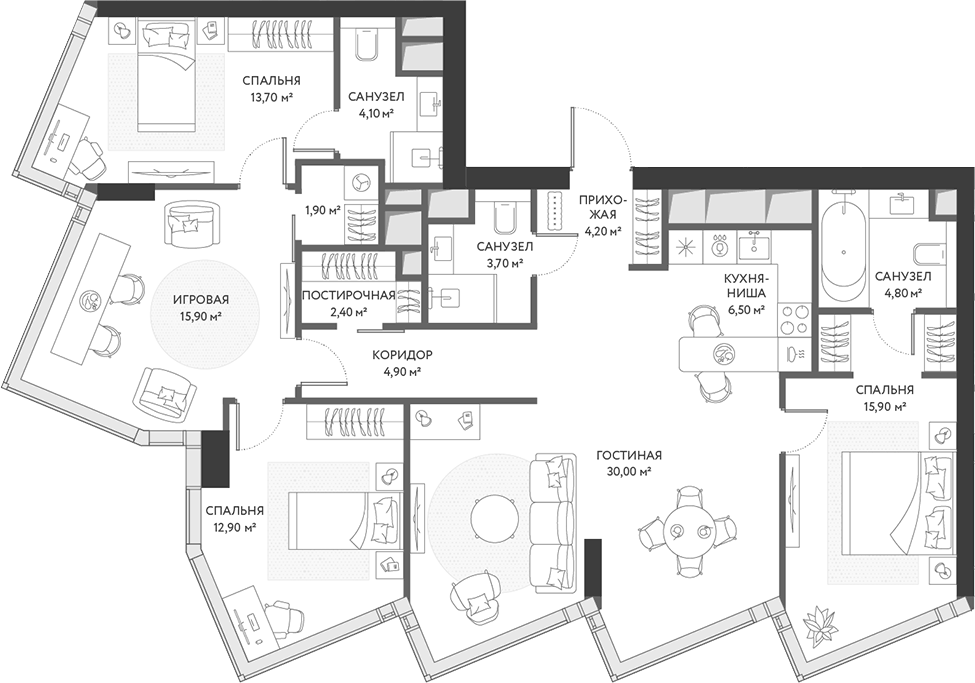 Планировка 5Е-к.кв 120.9 м² в ЖК «ХАЙДАУТ», корпус 2