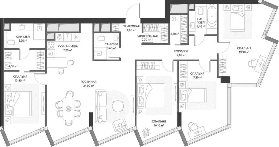 Планировка 5Е-к.кв 143.4 м² в ЖК «ХАЙДАУТ», корпус 2