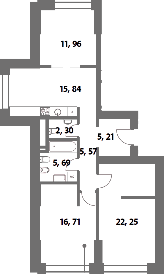 Планировка евротрёшка (3Е) 86.5 м² в ЖК «HEADLINER», корпус 9