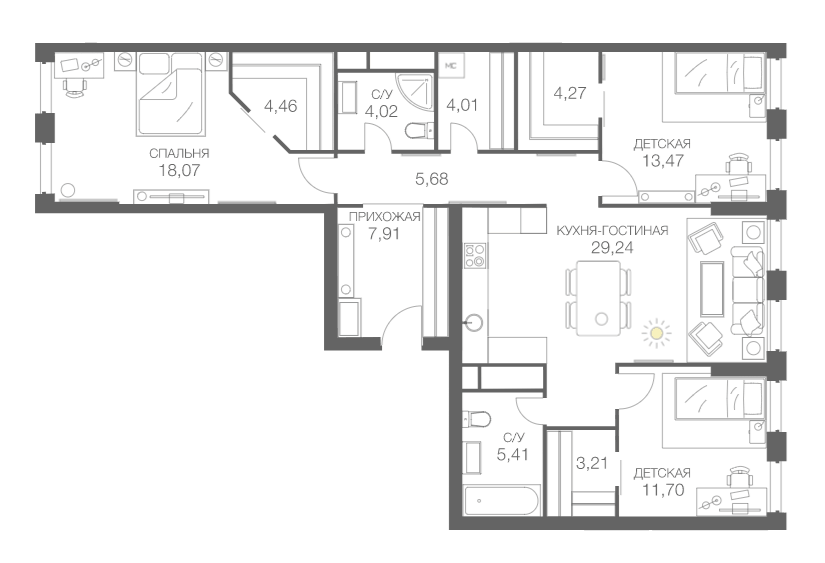 Планировка евро-4 (4Е) 111.45 м² в ЖК «HEADLINER», корпус 6