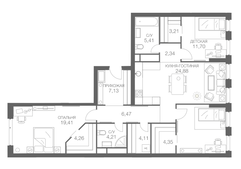 Планировка евро-4 (4Е) 112.6 м² в ЖК «HEADLINER», корпус 6