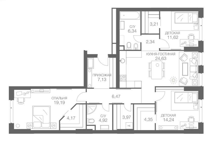 Планировка евро-4 (4Е) 112.8 м² в ЖК «HEADLINER», корпус 6