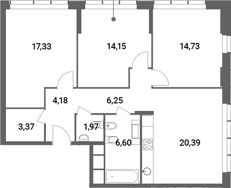 Планировка евро-4 (4Е) 88.97 м² в ЖК «HEADLINER», корпус 5