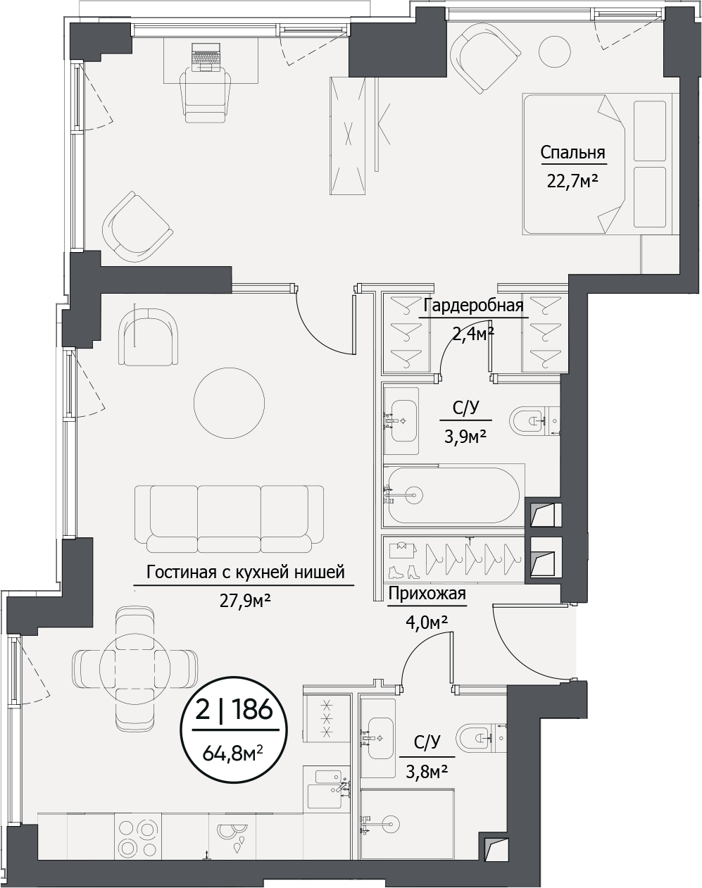 Планировка евродвушка (2Е) 65.02 м² в ЖК «hide», корпус RiverSide