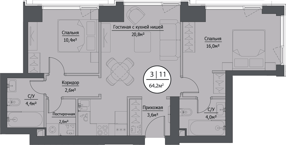 Планировка евротрёшка (3Е) 64.45 м² в ЖК «hide», корпус RiverSide