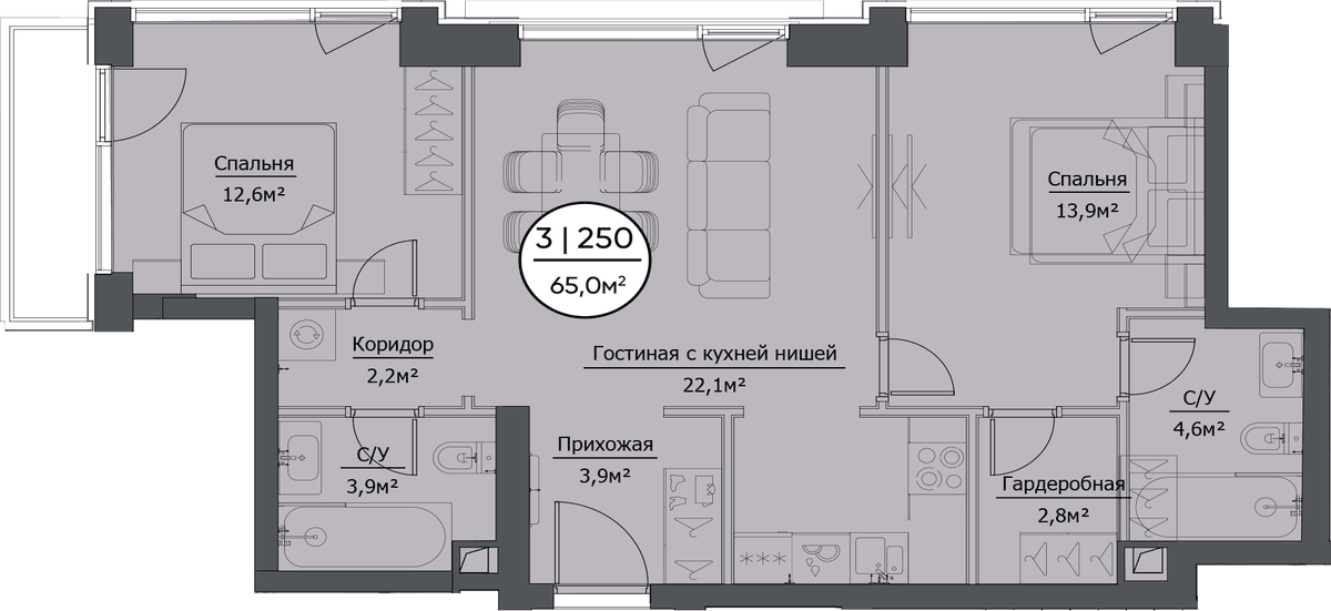 Планировка евротрёшка (3Е) 65.21 м² в ЖК «hide», корпус RiverSide