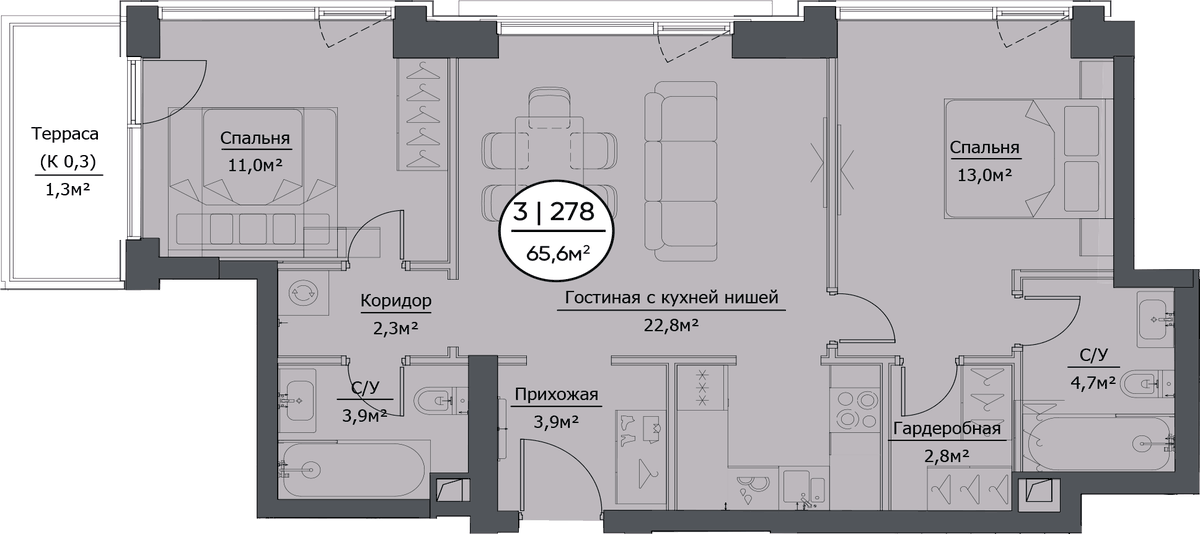 Планировка евротрёшка (3Е) 65.69 м² в ЖК «hide», корпус RiverSide