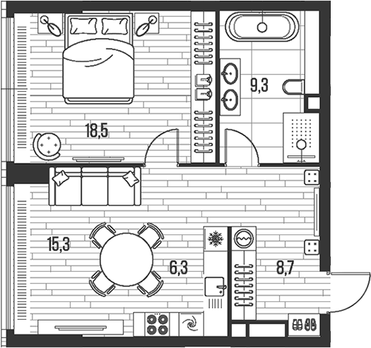 Планировка евродвушка (2Е) 58.1 м² в ЖК «HIGH LIFE», корпус 4  Sense Tower