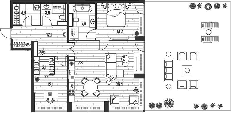 Планировка евротрёшка (3Е) 127 м² в ЖК «HIGH LIFE», корпус 6  Faith Tower