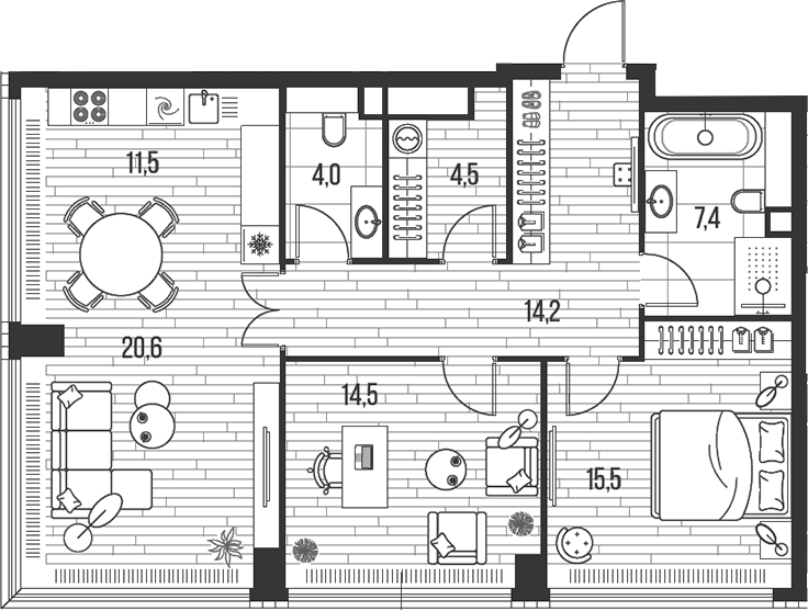Планировка евротрёшка (3Е) 92.2 м² в ЖК «HIGH LIFE», корпус 4  Sense Tower
