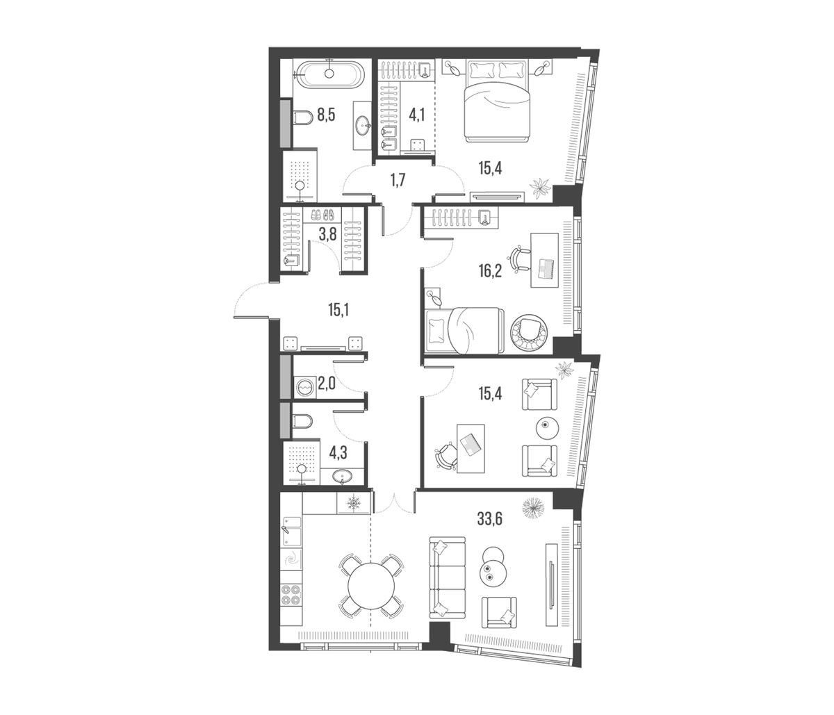 Планировка евро-4 (4Е) 120.1 м² в ЖК «HIGH LIFE», корпус 2  Feel Tower