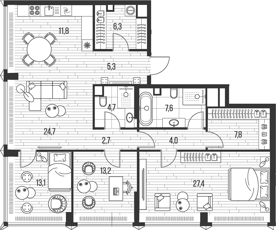 Планировка евро-4 (4Е) 128.6 м² в ЖК «HIGH LIFE», корпус 5  Mind Tower