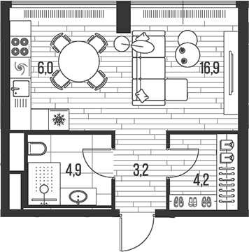 Планировка Студии 35.2 м² в ЖК «HIGH LIFE», корпус 6  Faith Tower