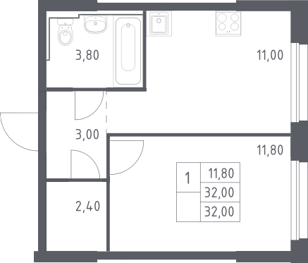 Планировка однокомнатная 32 м² в ЖК «Химки Парк », корпус 2.1