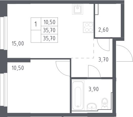 Планировка евродвушка (2Е) 35.7 м² в ЖК «Химки Парк », корпус 2.1
