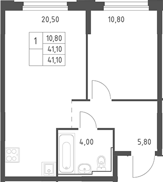 Планировка евродвушка (2Е) 41.1 м² в ЖК «Химки Парк », корпус 2.1