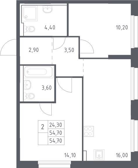 Планировка евротрёшка (3Е) 54.7 м² в ЖК «Химки Парк », корпус 2.1
