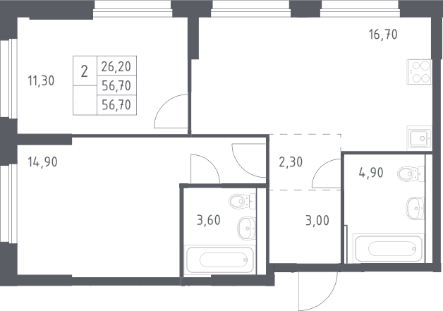 Планировка евротрёшка (3Е) 56.7 м² в ЖК «Химки Парк », корпус 2.1