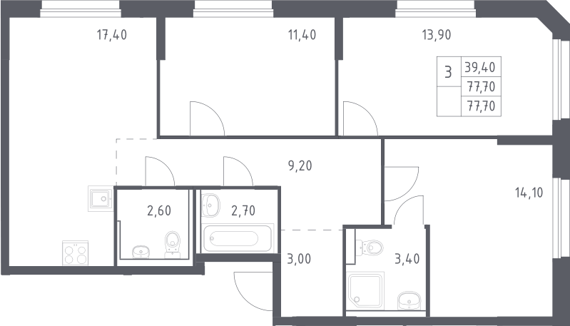 Планировка евро-4 (4Е) 77.7 м² в ЖК «Химки Парк », корпус 2.1