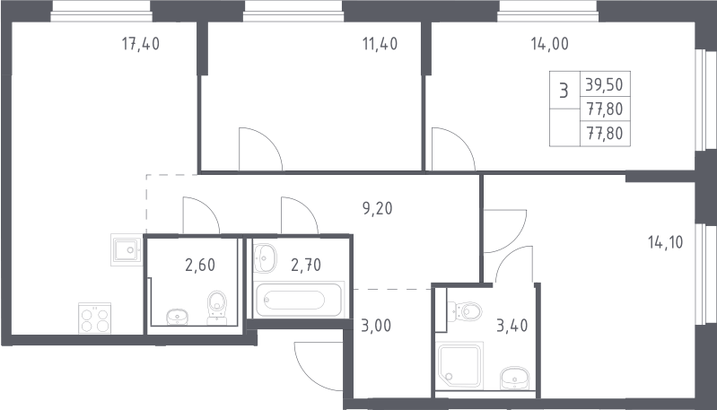 Планировка евро-4 (4Е) 77.8 м² в ЖК «Химки Парк », корпус 2.1