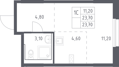 Планировка Студии 23.7 м² в ЖК «Химки Парк », корпус 2.1