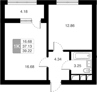 Планировка однокомнатная 39.22 м² в ЖК «Химки Тайм», корпус 2