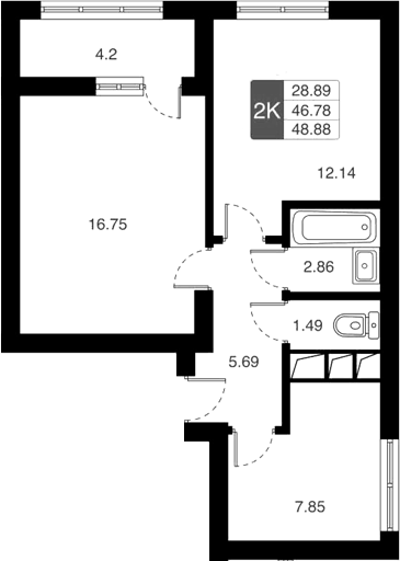 Планировка двухкомнатная 48.88 м² в ЖК «Химки Тайм», корпус 2