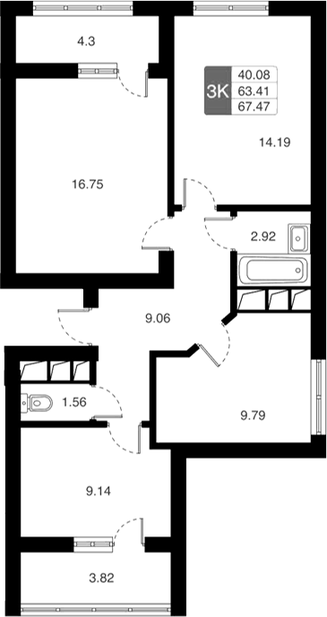 Планировка трёхкомнатная 67.47 м² в ЖК «Химки Тайм», корпус 2