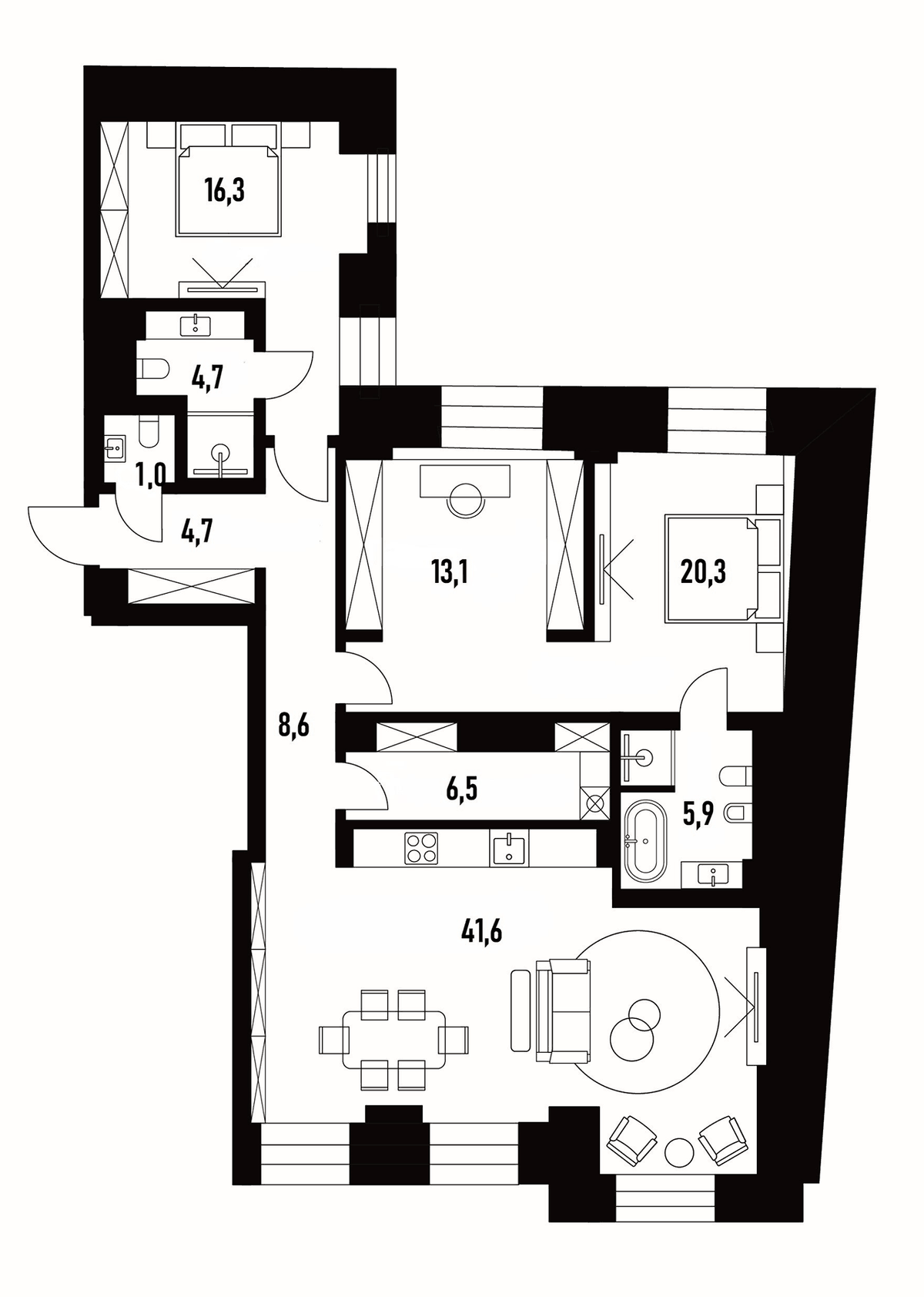 Планировка евротрёшка (3Е) 122.7 м² в ЖК «Хлебный 19», корпус 1