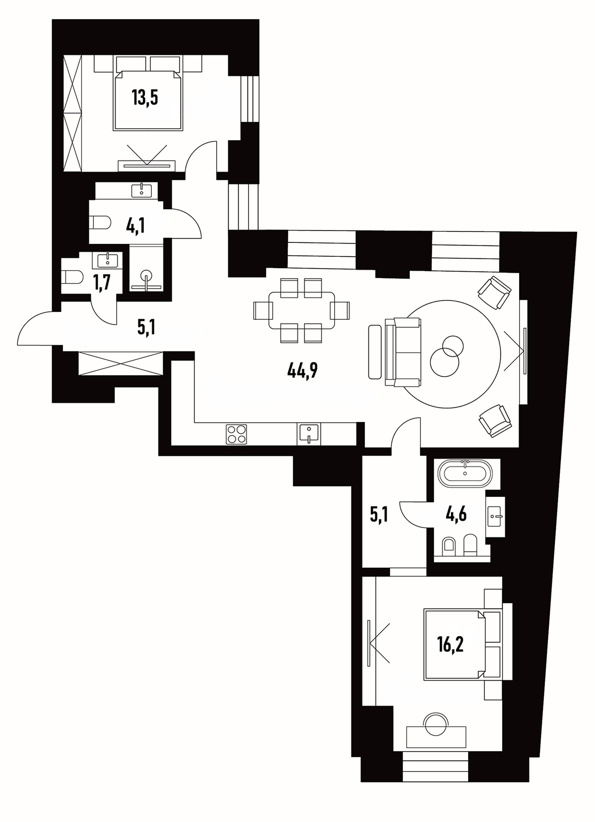Планировка евротрёшка (3Е) 95.2 м² в ЖК «Хлебный 19», корпус 1