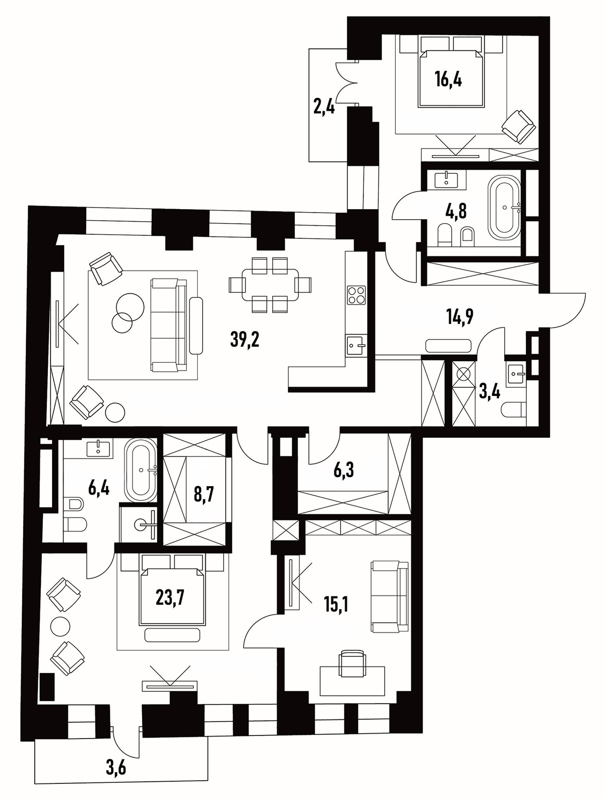 Планировка евро-4 (4Е) 138.9 м² в ЖК «Хлебный 19», корпус 1