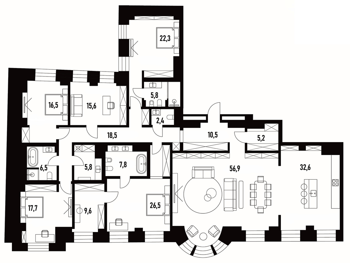 Планировка пятикомнатная 260.2 м² в ЖК «Хлебный 19», корпус 1