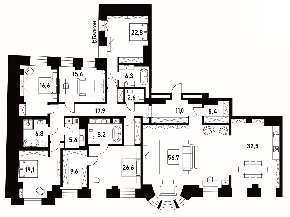 Планировка пятикомнатная 263.1 м² в ЖК «Хлебный 19», корпус 1