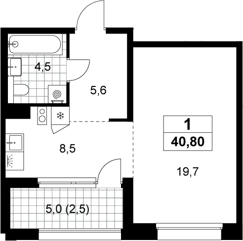 Планировка однокомнатная 40.8 м² в ЖК «Хольм», корпус 1.5