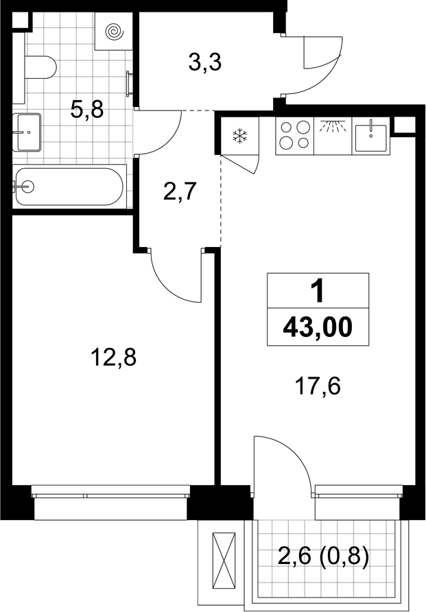 Планировка евродвушка (2Е) 43 м² в ЖК «Хольм», корпус 1.2