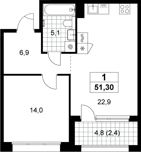 Планировка евродвушка (2Е) 51.3 м² в ЖК «Хольм», корпус 1.5